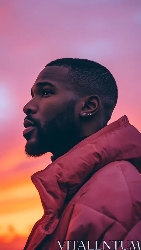 Profile portrait against vivid pink and orange sunset sky.