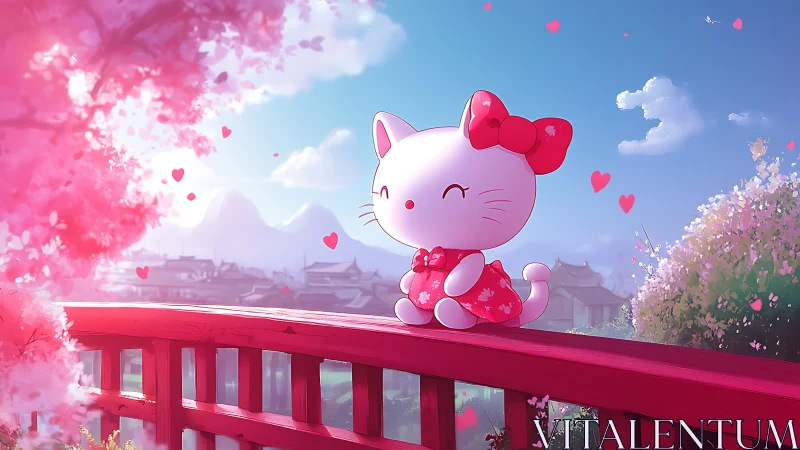 Cute chibi cat sits on red bridge in cherry blossom spring