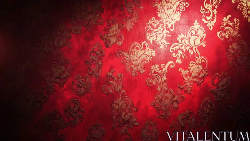 Ornate gold damask shimmers over deep red fabric glow.