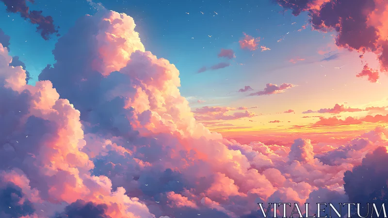 Sunlit cumulonimbus towers over radiant pastel cloud sea.
