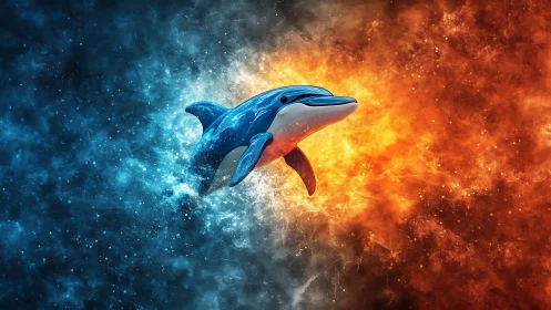 Bioluminescent dolphin slices through dual fire and ice nebulae