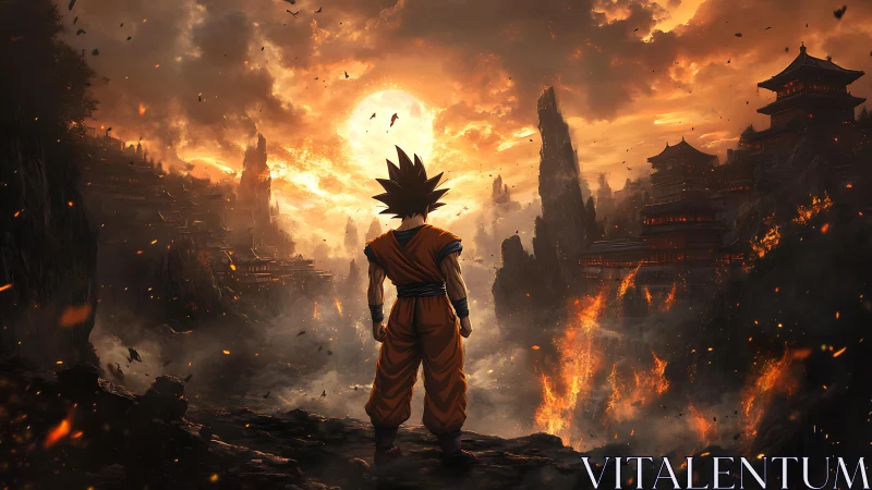 Fiery warrior gazes toward a burning valley of crumbling temples