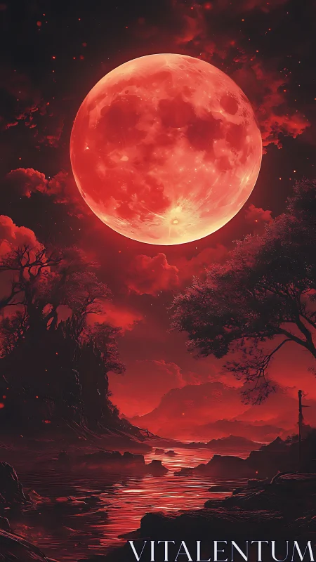 Blood-red supermoon dominates a nocturnal alien river valley