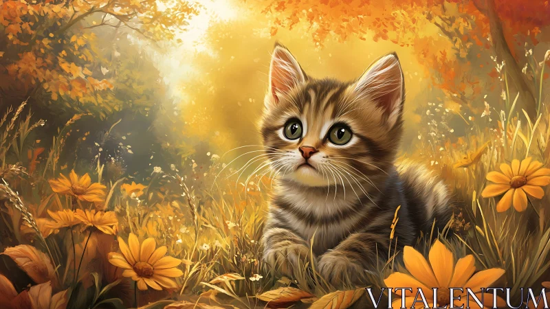 Golden Kitten in Autumn Meadow of Sunflowers.