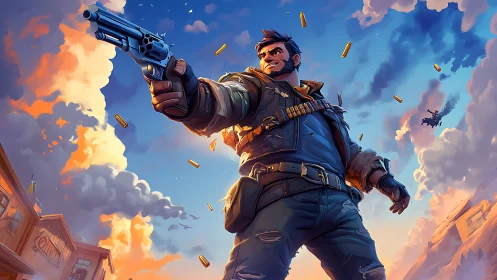 Ballistic outlaw in cinematic low-angle digital firefight.