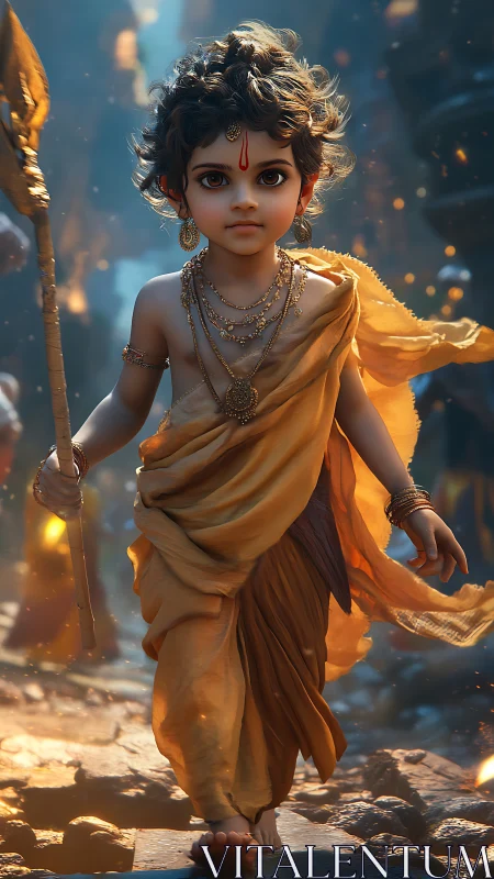 Radiant child deity render with volumetric lighting and cloth dynamics