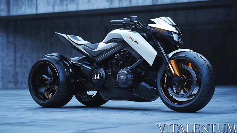 Futuristic Honda trike prowls quietly through a concrete dreamscape
