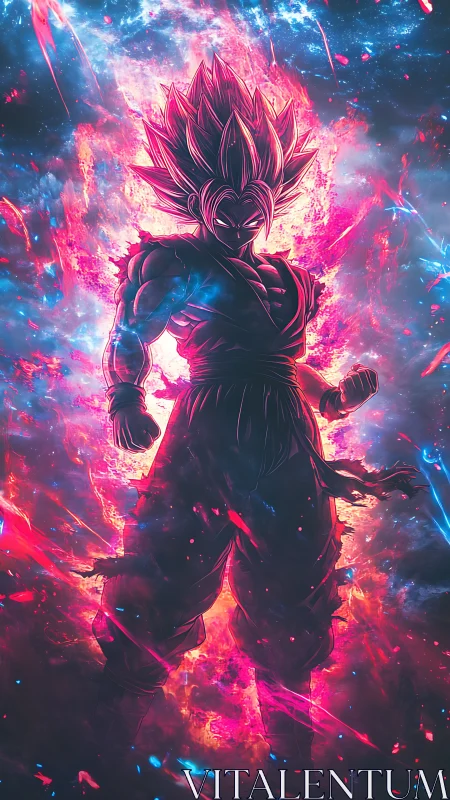 Fiery anime warrior silhouette in cosmic energy field.