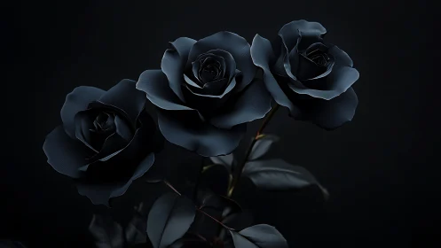 Deep blue roses with matte petal texture rendered in high contrast dramatic lighting
