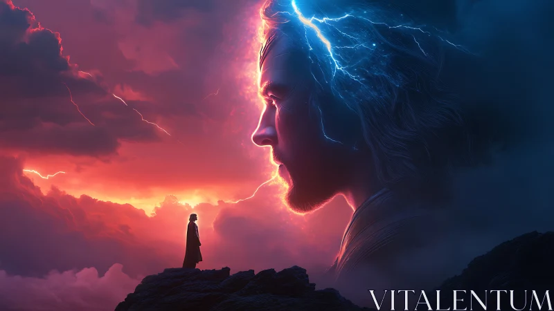 Silhouetted figure facing large luminous profile in clouds.