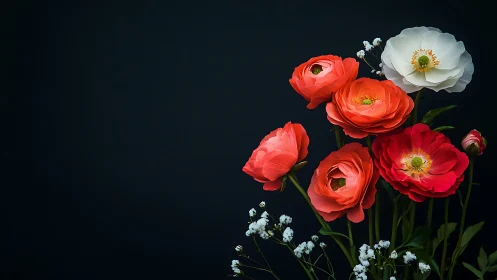 Peonies and Ranunculus Dance Against Midnight Mystery