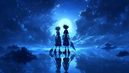 Silhouetted figures on reflective water under full moon.