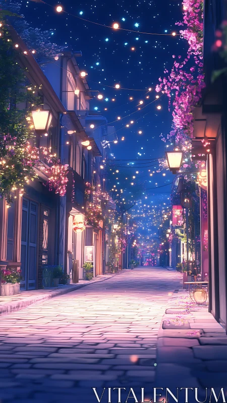 Starlit flower-lined alleyway glows with hanging lanterns.