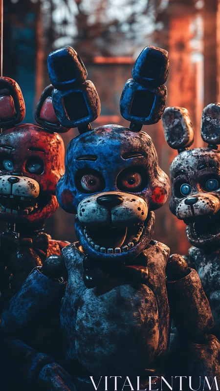 Rust-bitten robot bunnies grin beneath burnt neon twilight.