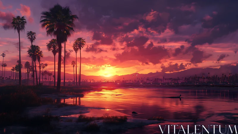 Palm-lined coastal wetland under vivid sunset sky.