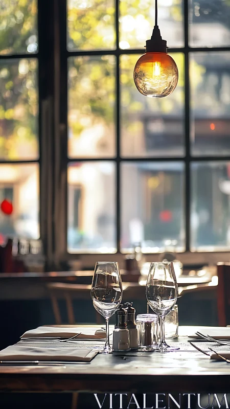 Sunlit restaurant table set for two under warm pendant light.