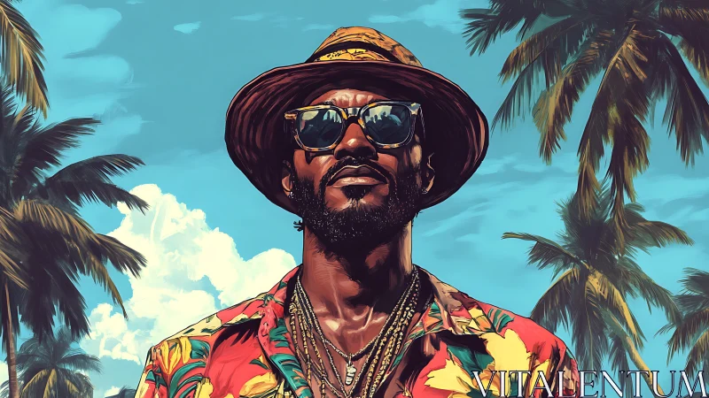 Man in tropical shirt and hat under palm trees outdoors.