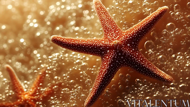 Sunlit starfish drift through sparkling underwater bubbles