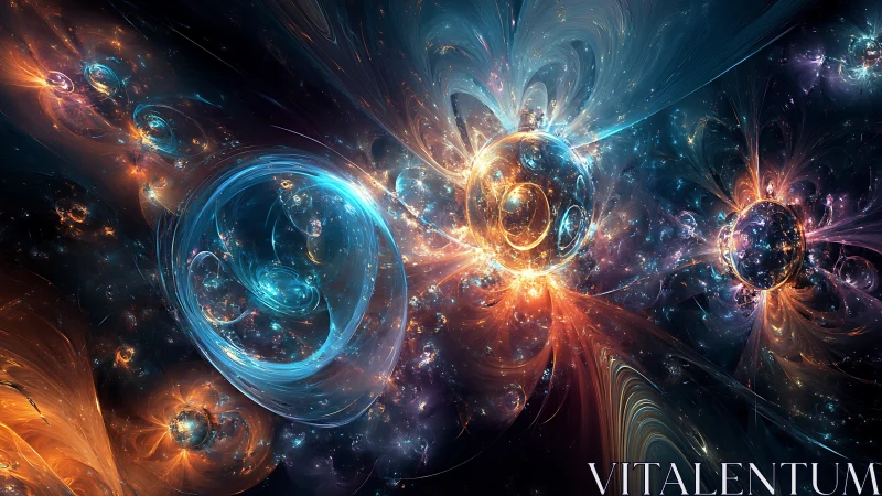 Fractal cosmic orbs in luminous nebula energy field.