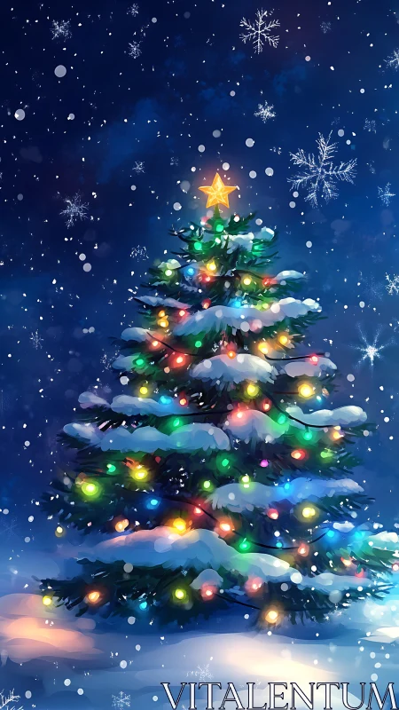 Snowy Christmas tree glows under a starry winter sky.