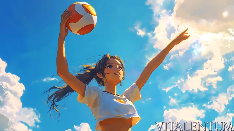 Girl holding volleyball under bright daytime sky clouds.