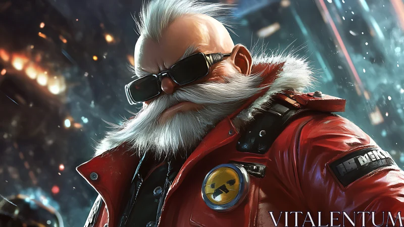 Cybernetic arctic veteran in red tactical parka, neon city