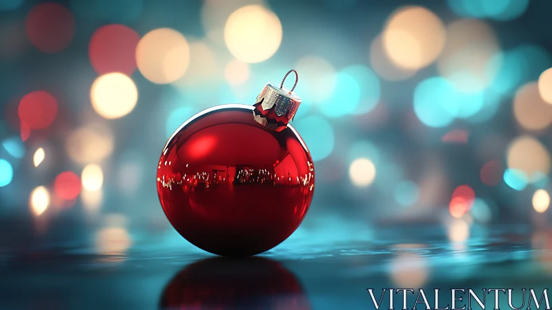 Red glass ornament on reflective surface with soft bokeh lights.