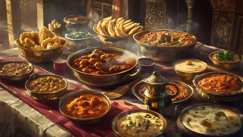 Golden feast of spiced comfort on a sunlit table.