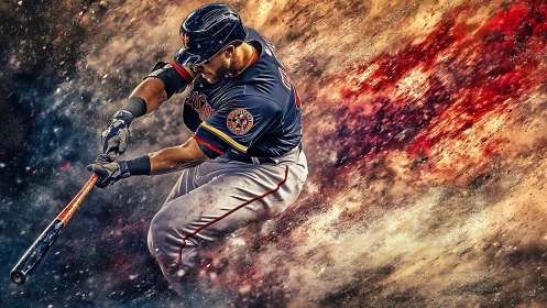 Dynamic baseball slugger amid explosive color swirl.