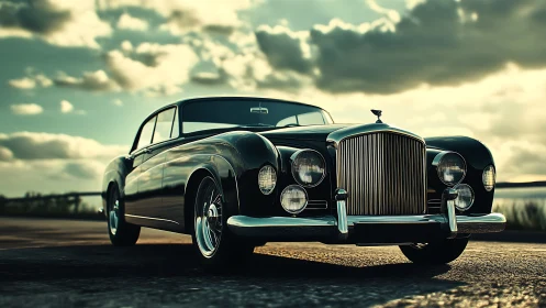 Sunlit classic car cruising into a golden open-road evening.