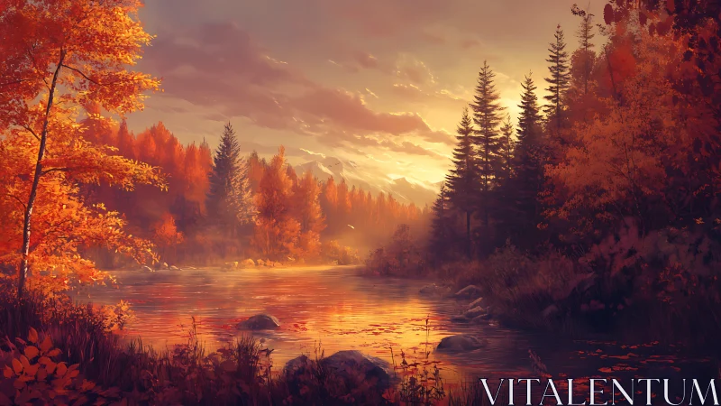 Radiant autumn river corridor under volumetric sunset light.