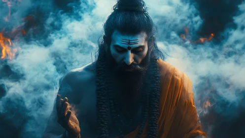 Monk figure in smoke with beads and orange draped cloth.