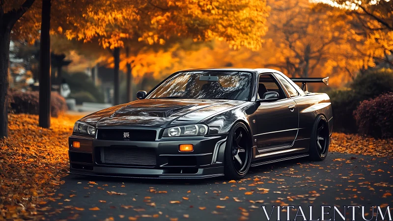Black sports coupe parked on tree-lined autumn roadway.