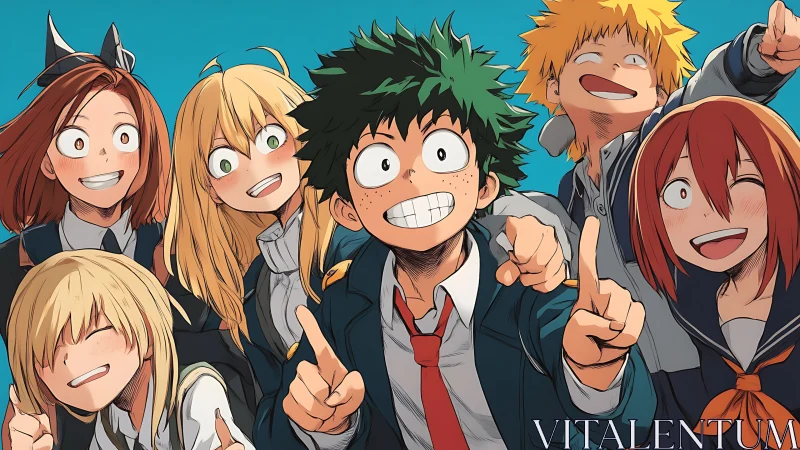 Anime classmates flash bright smiles under clear sky.