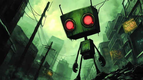 Rusty-eyed street robot quietly patrols a neon wasteland