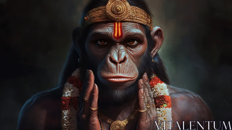 Monkey-faced humanoid figure prays wearing golden crown