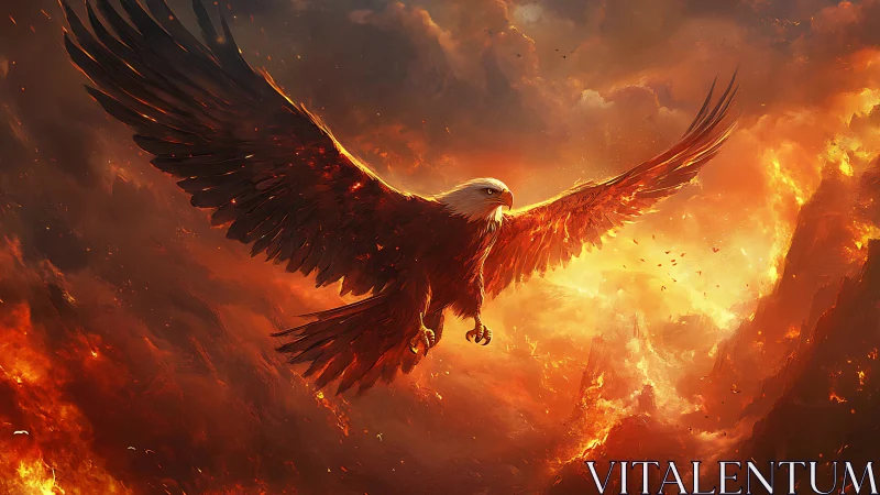 Majestic eagle soaring over fiery landscape in dramatic fantasy art.