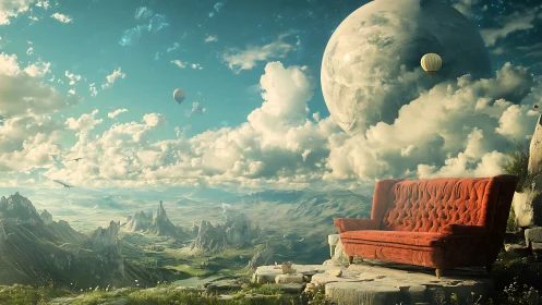 Red velvet sofa overlooks surreal extraterrestrial valleyscape