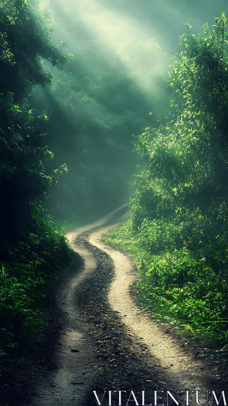 Forest Path Through Verdant Canopy with Luminous Sky Rays.