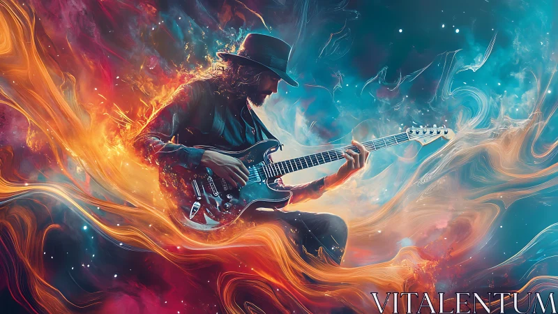 Electric guitarist framed by swirling abstract light field.