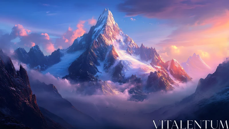 Snow-covered mountain range stands above low cloud layers