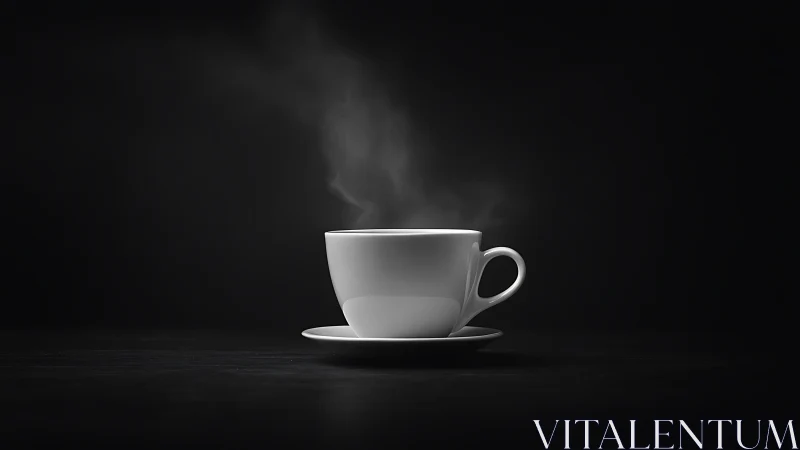 Minimalist white cup with rising steam on black backdrop.