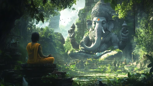 Meditating monk before colossal Ganesha in jungle ruins.