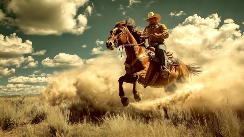 Western cowboy galloping through golden dust clouds at speed.