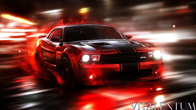Red muscle car racing through neon city streets at night.