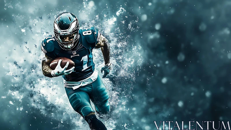 Explosive football runner charges forward through swirling energy