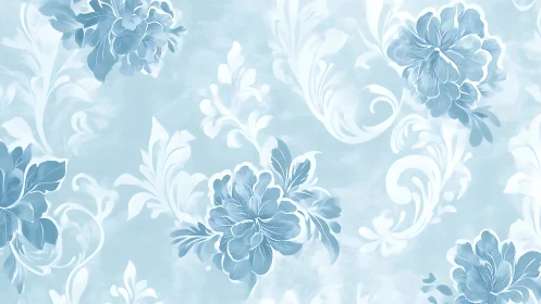 Soft blue floral damask pattern with painterly blooms.