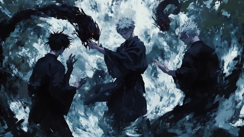 Sorcerers channel shadow serpents amid turbulent energy field.