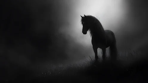 Solitary horse stands in misty moonlight on a shadowed hill