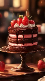 Layered Chocolate Cake with Fresh Raspberries and Ganache Drip.